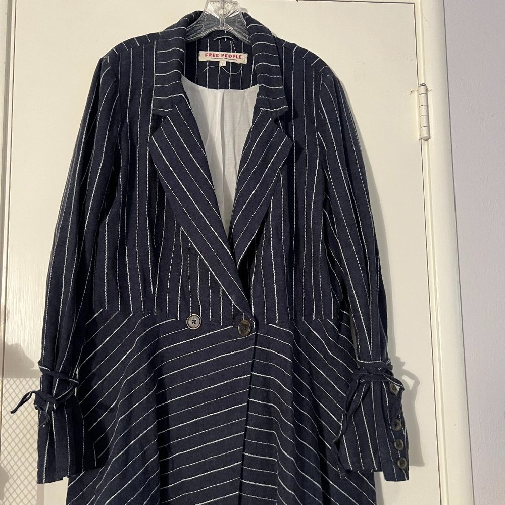 Free People Stella Blazer Double Breast Fray Hem Stripe Navy Large